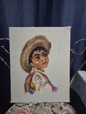 Vintage Hand Stitched Cross Stitch Boy Portrait, Unframed Needlework Art,